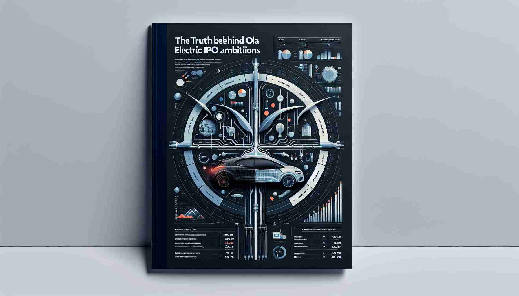 Generate a realistic and high-definition photo for a detailed financial report cover. The report is titled 'The Truth Behind Ola Electric's IPO Ambitions'. The design should communicate electricity, innovation, ambition, and finance.