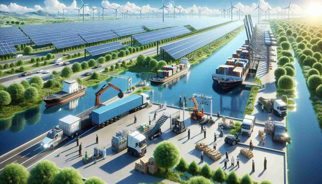 Create a high-definition (HD) realistic image showcasing a scene of revolutionized freight transportation. The scene should show the utilization of sustainable solutions, such as electric trucks/barges, solar-powered infrastructure, or biofuel-powered ships. Incorporate elements such as lush greenery and clear blue skies to symbolize eco-friendliness. Also depict people actively working on these solutions, possibly engineers optimizing the machinery or workers loading cargo. Ensure to represent a diverse mix of individuals, for example, a South Asian woman engineer checking the solar panels and a Middle-Eastern man overseeing the cargo loading.