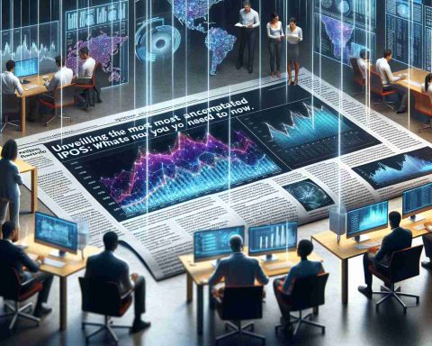 Visualization of a newspaper headline reading 'Unveiling the Most Anticipated IPOs of 2024: What You Need to Know Now', surrounded by a realistic business scene. The foreground shows a detailed excerpt of the article with graphs and charts indicating rising stocks. In the background, a diverse group of business people of different races and genders are engrossed in their work on futuristic looking computers.