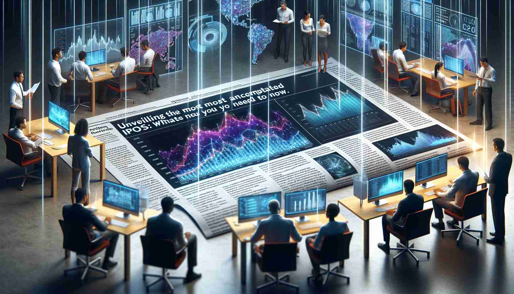 Visualization of a newspaper headline reading 'Unveiling the Most Anticipated IPOs of 2024: What You Need to Know Now', surrounded by a realistic business scene. The foreground shows a detailed excerpt of the article with graphs and charts indicating rising stocks. In the background, a diverse group of business people of different races and genders are engrossed in their work on futuristic looking computers.