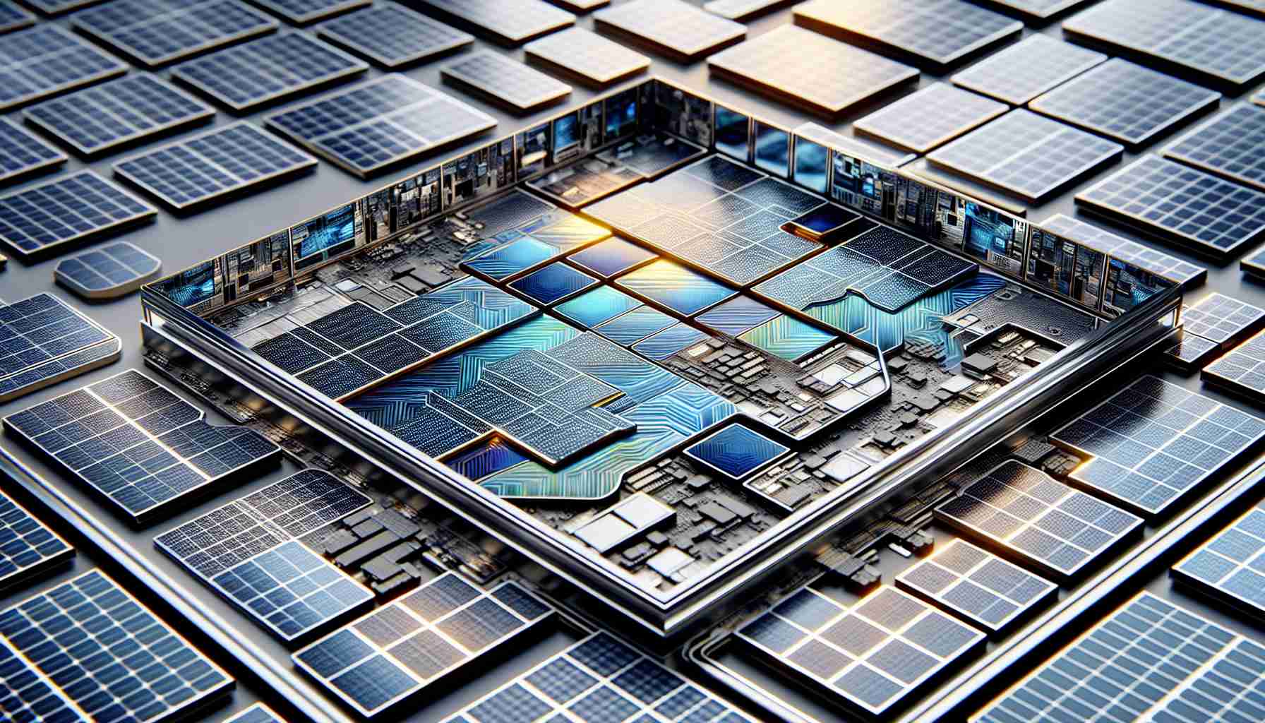 A highly detailed, realistic photo showcasing advanced solar energy technology. The scene depicts novel solar panel designs that are distinctively different and innovative. Panels are arranged in an intricate grid pattern, exhibiting a multi-colored reflective surface to improve light absorption. Sleek construction materials make the panels thin and lightweight, but durable and resistant to harsh weather. This new technology represents a revolution in renewable energy production, promising high-efficiency performance in sunny and partially cloudy conditions. Note the intricate circuitry visible in some panel parts, demonstrating the complex technology concealed within the streamlined exterior.