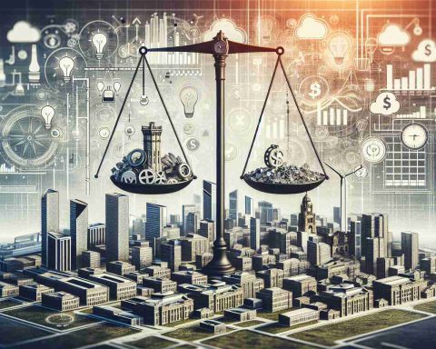 A highly detailed, realistic illustration depicting the concept of a new energy solution, complete with energy-related symbols and comparisons, presumably set in a cityscape reminiscent of Sunderland's architecture. This representation of a city's future is marked by uncertainty, hinting at potential risks and rewards of this energy transformation. The image may have elements indicating weighing scales, dollar signs, light bulbs, wind power, or solar panels, which collectively portray the dilemma of 'is it worth it?'.