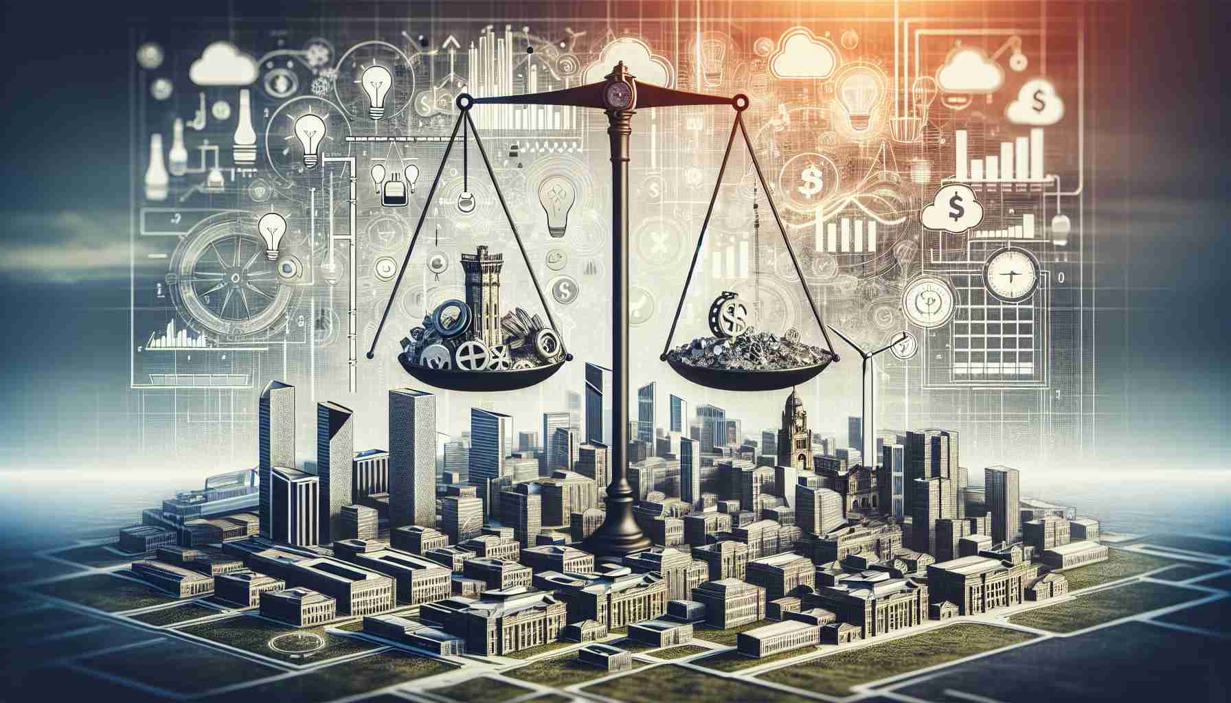 A highly detailed, realistic illustration depicting the concept of a new energy solution, complete with energy-related symbols and comparisons, presumably set in a cityscape reminiscent of Sunderland's architecture. This representation of a city's future is marked by uncertainty, hinting at potential risks and rewards of this energy transformation. The image may have elements indicating weighing scales, dollar signs, light bulbs, wind power, or solar panels, which collectively portray the dilemma of 'is it worth it?'.