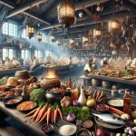 High-definition, realistic image showcasing the culinary scene of Norway, featuring a panoramic view of a traditionally designed, bustling Norwegian kitchen, with a diverse mix of both male and female chefs, from different descents such as Caucasian, Hispanic, Black, Middle-Eastern, South Asian, cooking traditional Norwegian dishes. The scene should also capture a wide variety of ingredients Norwegian cuisine is famous for, like seafood, root vegetables, and wild game, placed around them. The ambiance should invoke a sense of exploration and adventure.