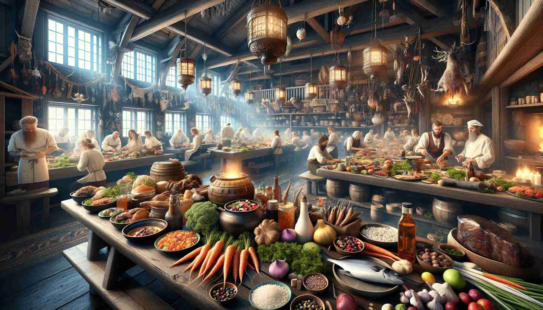 High-definition, realistic image showcasing the culinary scene of Norway, featuring a panoramic view of a traditionally designed, bustling Norwegian kitchen, with a diverse mix of both male and female chefs, from different descents such as Caucasian, Hispanic, Black, Middle-Eastern, South Asian, cooking traditional Norwegian dishes. The scene should also capture a wide variety of ingredients Norwegian cuisine is famous for, like seafood, root vegetables, and wild game, placed around them. The ambiance should invoke a sense of exploration and adventure.