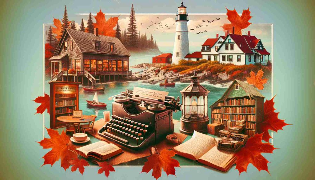 Generate a high-definition, realistic image showcasing the literary haunts in Maine associated with famous authors. This could include quaint bookshops, rustic libraries, serene reading spots by the seashore, or charming cafes filled with antique typewriters and age-old manuscripts. There are also lighthouses standing proud, guiding lost souls home, much like those writers and their stories. Punctuate the image with bright autumn leaves, a characteristic of Maine, bestowing an ethereal aura on these spots.