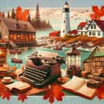 Generate a high-definition, realistic image showcasing the literary haunts in Maine associated with famous authors. This could include quaint bookshops, rustic libraries, serene reading spots by the seashore, or charming cafes filled with antique typewriters and age-old manuscripts. There are also lighthouses standing proud, guiding lost souls home, much like those writers and their stories. Punctuate the image with bright autumn leaves, a characteristic of Maine, bestowing an ethereal aura on these spots.