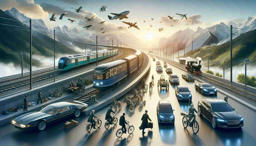 Generate a realistic, high-definition image that conveys the concept of breaking barriers in the evolution of sustainable transportation. This evolution should encompass various stages, starting from rudimentary methods like walking and horse-drawn carriages, leading up to bicycles and trains. Then it continues to early cars and buses, eventually culminating in modern electric vehicles and high-speed rail. The scene could also show emerging technologies like solar-powered vehicles and sophisticated infrastructure like electric charging stations. The entire scene should depict a seamless progression and emphasize the growing sustainability factor.