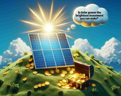 A high-definition, vividly realistic image illustrating the concept of solar power as a bright investment. The image can focus on a solar panel, reflecting the brilliant sunshine, situated atop of a hill against a clear blue sky backdrop. Next to it, there could be a treasure chest overflowing with gold coins, to symbolize 'investment'. A query written in a thought bubble floating in the sky could ask, 'Is Solar Power the Brightest Investment You Can Make?'