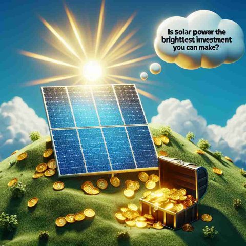 A high-definition, vividly realistic image illustrating the concept of solar power as a bright investment. The image can focus on a solar panel, reflecting the brilliant sunshine, situated atop of a hill against a clear blue sky backdrop. Next to it, there could be a treasure chest overflowing with gold coins, to symbolize 'investment'. A query written in a thought bubble floating in the sky could ask, 'Is Solar Power the Brightest Investment You Can Make?'