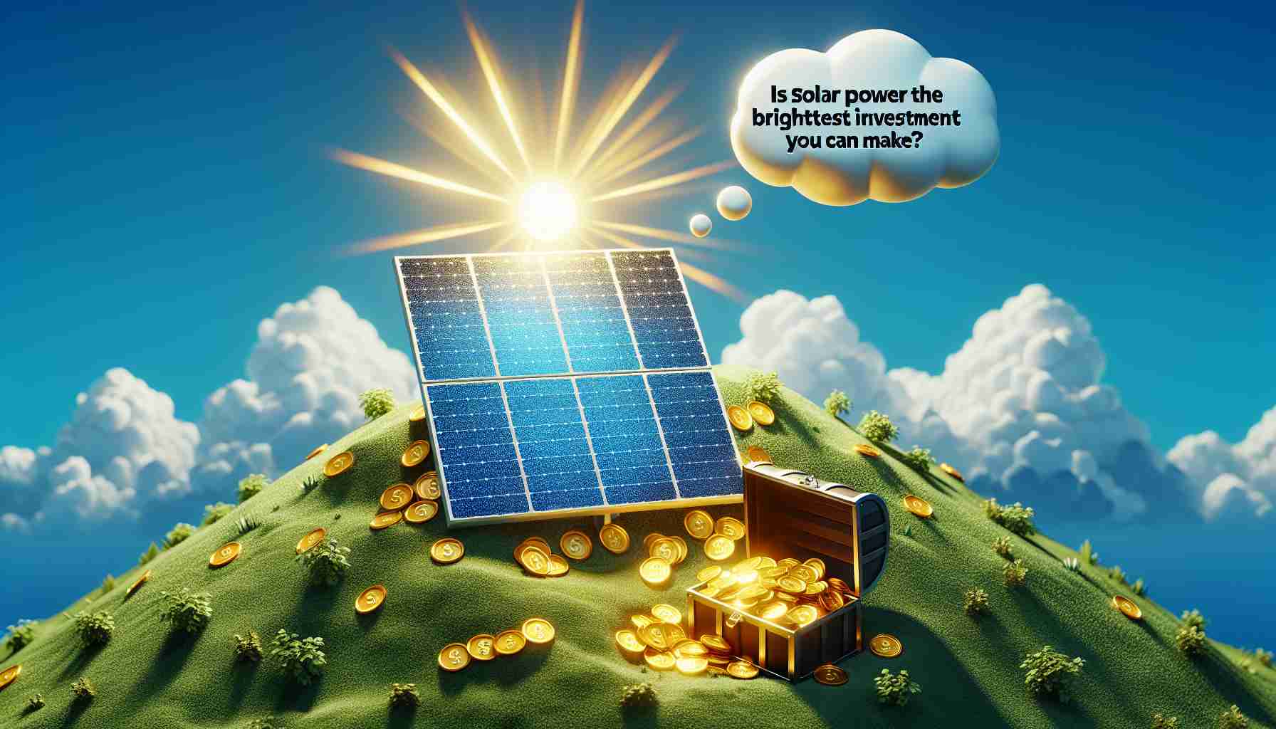 A high-definition, vividly realistic image illustrating the concept of solar power as a bright investment. The image can focus on a solar panel, reflecting the brilliant sunshine, situated atop of a hill against a clear blue sky backdrop. Next to it, there could be a treasure chest overflowing with gold coins, to symbolize 'investment'. A query written in a thought bubble floating in the sky could ask, 'Is Solar Power the Brightest Investment You Can Make?'