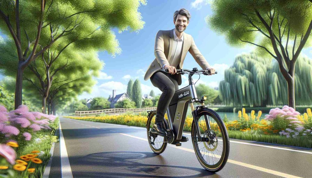 A high-definition, realistic image of a person riding a stylish electric bicycle marked as HR-G50. The rider should be grinning broadly, illustrating a sense of joy and composure. The surrounding environment should be a well-paved path, surrounded by lush green trees and bright flowers, under a clear blue sky.