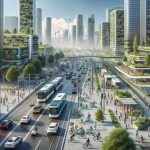 High Defintion, realistic image showcasing new beginnings in sustainable urban mobility. The visual details could include bustling city streets with electric cars, bike paths filled with commuters, people using modern public transportation like efficient buses and trams. The cityscape could be filled with trees and green spaces, alongside solar panels and wind turbines powering the urban infrastructure. In the background, high-rise buildings with plant-covered walls and roofs to emphasise on environment-friendly urban living.