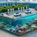 A downscaled, high-definition representation of the environmental impact of electric vehicles on saltwater ecosystems. This should include a scene of an electric vehicle being manufactured or charged with electricity produced from renewable sources like wind, solar, etc. Then show the transition of this energy being converted for use in the vehicle. Separately, have a realistic view of various saltwater ecosystems, with diverse marine life such as coral reefs, mangroves, seagrasses, etc. Highlight potential threats and changes, or lack thereof, these ecosystems face due to electric vehicles, such as changes in water temperature, water quality, population growth or decline of certain species.