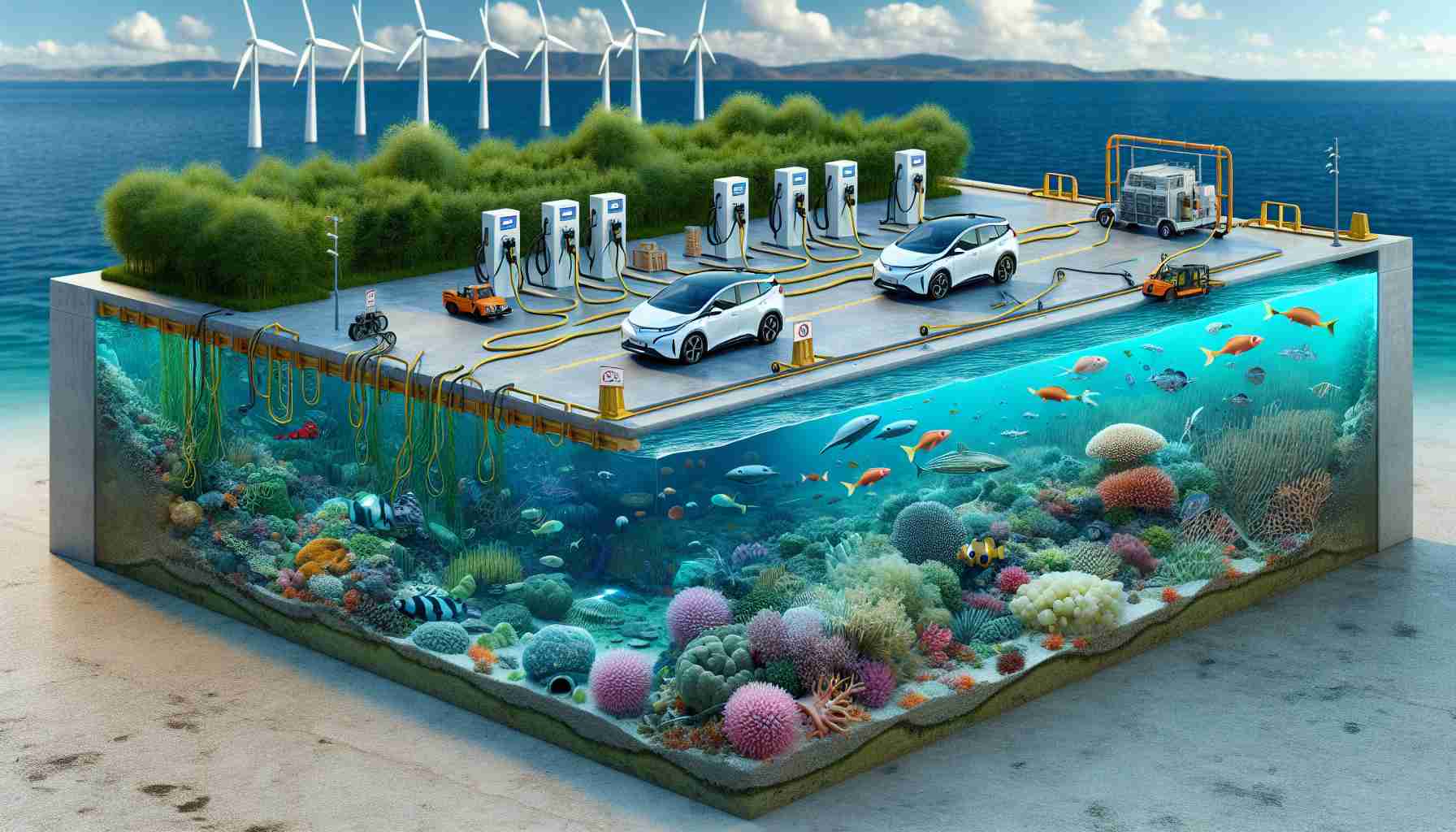 A downscaled, high-definition representation of the environmental impact of electric vehicles on saltwater ecosystems. This should include a scene of an electric vehicle being manufactured or charged with electricity produced from renewable sources like wind, solar, etc. Then show the transition of this energy being converted for use in the vehicle. Separately, have a realistic view of various saltwater ecosystems, with diverse marine life such as coral reefs, mangroves, seagrasses, etc. Highlight potential threats and changes, or lack thereof, these ecosystems face due to electric vehicles, such as changes in water temperature, water quality, population growth or decline of certain species.