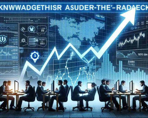 Generate a high-definition, realistic illustration that denotes the concept of investors showing a significant interest in a lesser-known technological stock. The image should primarily include elements like stock market graphs showing an upward trend, knowledge-thirsty investors intently looking at their computer screens, stacks of high tech company shares and a small tech company logo, emphasizing it as the 'under-the-radar' stock.