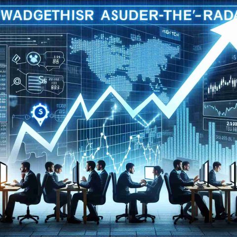 Generate a high-definition, realistic illustration that denotes the concept of investors showing a significant interest in a lesser-known technological stock. The image should primarily include elements like stock market graphs showing an upward trend, knowledge-thirsty investors intently looking at their computer screens, stacks of high tech company shares and a small tech company logo, emphasizing it as the 'under-the-radar' stock.