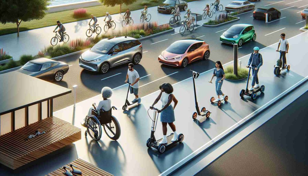 A high-definition, realistic image showcasing the latest trend in outdoor mobility solutions. This scene includes various innovatively designed scooters, bicycles, wheelchairs designed for a smooth outdoor experience, and eco-friendly electric cars. In use is an empowering sight of a Black woman navigating her wheelchair on a roller board path, and a Middle-Eastern man using an advanced electric scooter, swiftly bypassing the traffic. A Caucasian family is enjoying a ride in their sustainable electric car. A row of smart bicycles, awaiting rent, adds more charm to this outdoor mobility scene.