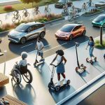 A high-definition, realistic image showcasing the latest trend in outdoor mobility solutions. This scene includes various innovatively designed scooters, bicycles, wheelchairs designed for a smooth outdoor experience, and eco-friendly electric cars. In use is an empowering sight of a Black woman navigating her wheelchair on a roller board path, and a Middle-Eastern man using an advanced electric scooter, swiftly bypassing the traffic. A Caucasian family is enjoying a ride in their sustainable electric car. A row of smart bicycles, awaiting rent, adds more charm to this outdoor mobility scene.