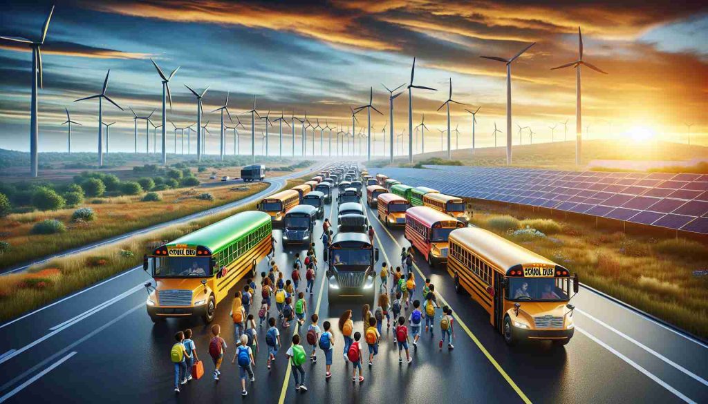 Generate a high-resolution, realistic image illustrating the transition to the future in transportation sector. The focus should be on an increasing trend of using electric school buses. Show a convoy of electric school buses of various colors traveling on a road. The surroundings should include renewable energy sources like windmills and solar panels, symbolizing a move towards sustainable energy. The view can be sky filled with vibrant hues of a sunrise or sunset, indicating the dawn of a new era in transportation. Also, include excited children from different descents like Hispanic, Middle-Eastern, and Caucasian within the buses to depict diversity.