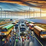 Generate a high-resolution, realistic image illustrating the transition to the future in transportation sector. The focus should be on an increasing trend of using electric school buses. Show a convoy of electric school buses of various colors traveling on a road. The surroundings should include renewable energy sources like windmills and solar panels, symbolizing a move towards sustainable energy. The view can be sky filled with vibrant hues of a sunrise or sunset, indicating the dawn of a new era in transportation. Also, include excited children from different descents like Hispanic, Middle-Eastern, and Caucasian within the buses to depict diversity.