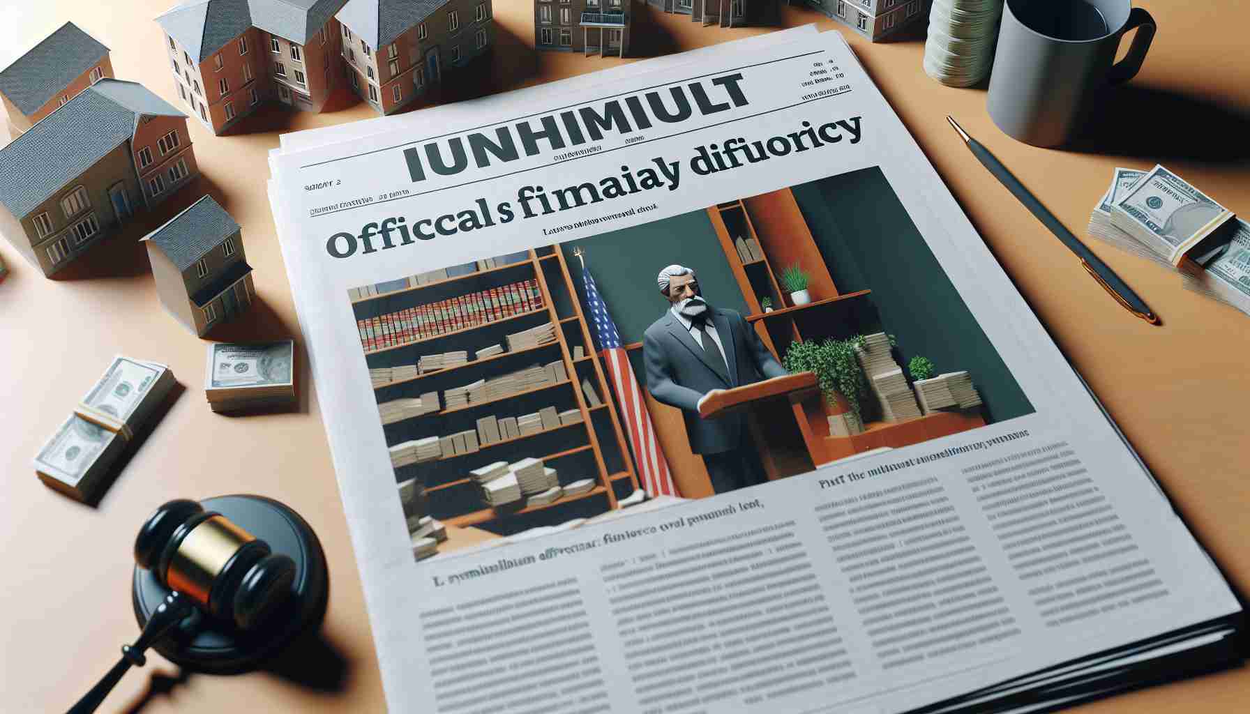 High-definition realistic image of a news headline about a municipal official's financial difficulties, highlighting an issue of unpaid rent leading to a legal conflict