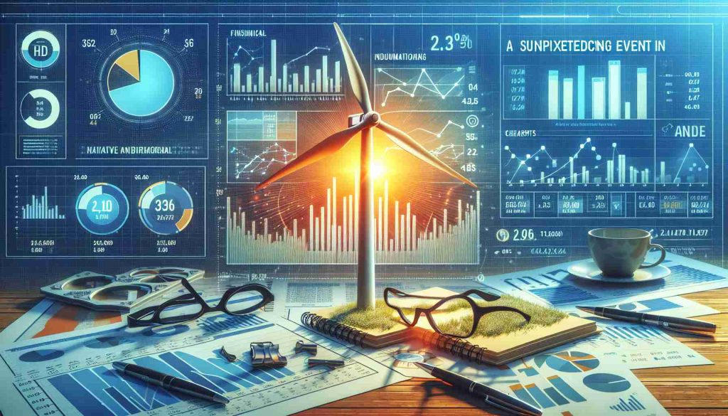 Create a realistic HD image of financial data, charts, and infographics representing a surprising event in the wind turbine market. Include visual elements such as diagrams, pie charts, line graphs, bar charts, and numerical stats. This information alludes to an unexpected development in the wind energy industry.