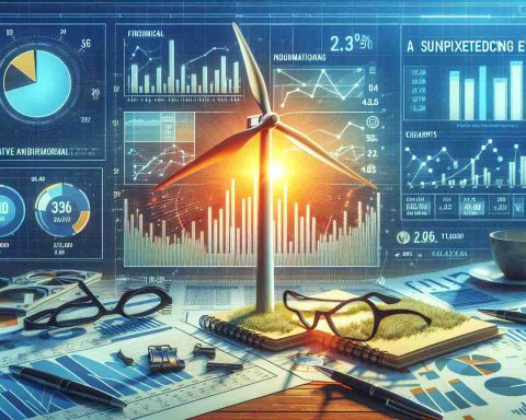 Create a realistic HD image of financial data, charts, and infographics representing a surprising event in the wind turbine market. Include visual elements such as diagrams, pie charts, line graphs, bar charts, and numerical stats. This information alludes to an unexpected development in the wind energy industry.