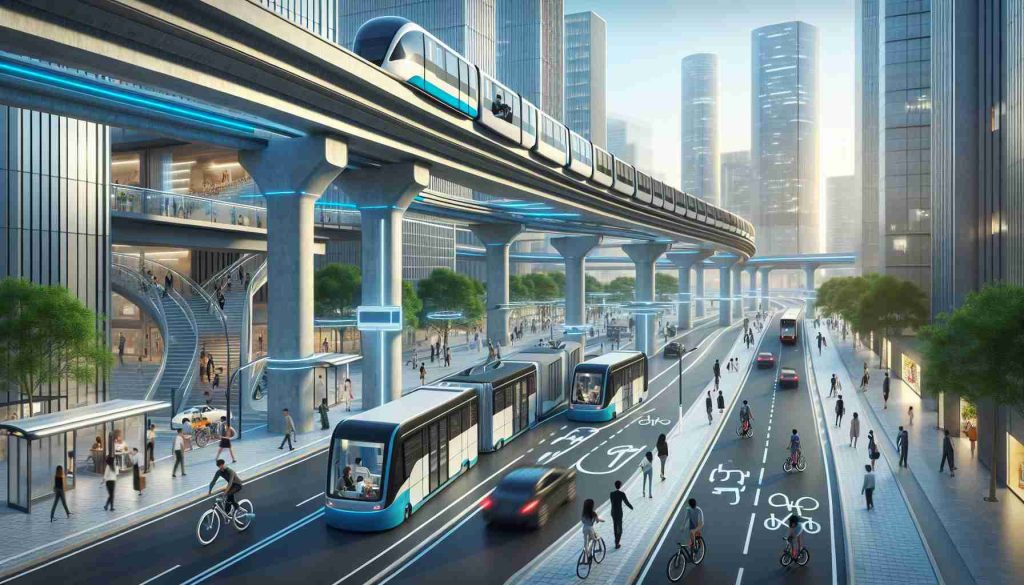 A high-definition and realistic depiction showcasing advancements in urban mobility. The scene should illustrate a well-planned, modern city with highly efficient and futuristic transportation systems. This could include elevated monorails, electric buses, self-driving cars, and bicycle lanes filled with cyclists. Pedestrians may be seen using hand-held devices to call for rides or navigate their paths. The transportation infrastructure should reflect sustainable and eco-friendly practices. The city should be bustling with life, illustrating the rush and dynamic nature of urban existence. A perfect representation of cutting-edge urban mobility merging with daily life.