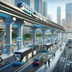 A high-definition and realistic depiction showcasing advancements in urban mobility. The scene should illustrate a well-planned, modern city with highly efficient and futuristic transportation systems. This could include elevated monorails, electric buses, self-driving cars, and bicycle lanes filled with cyclists. Pedestrians may be seen using hand-held devices to call for rides or navigate their paths. The transportation infrastructure should reflect sustainable and eco-friendly practices. The city should be bustling with life, illustrating the rush and dynamic nature of urban existence. A perfect representation of cutting-edge urban mobility merging with daily life.