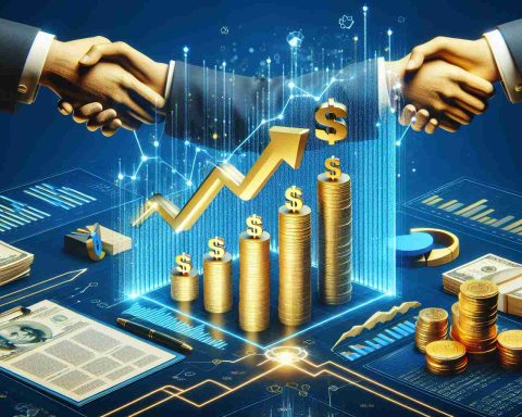 Render a high-definition, realistic illustration of an abstract concept: the recent developments in a tech company, represented by symbolic elements like an ascending or descending graph, earnings reports, and investor emotions illustrated by shaking hands despite a stack of solid gold coins, symbolizing strong earnings.