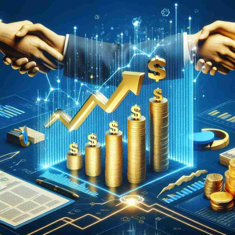 Render a high-definition, realistic illustration of an abstract concept: the recent developments in a tech company, represented by symbolic elements like an ascending or descending graph, earnings reports, and investor emotions illustrated by shaking hands despite a stack of solid gold coins, symbolizing strong earnings.