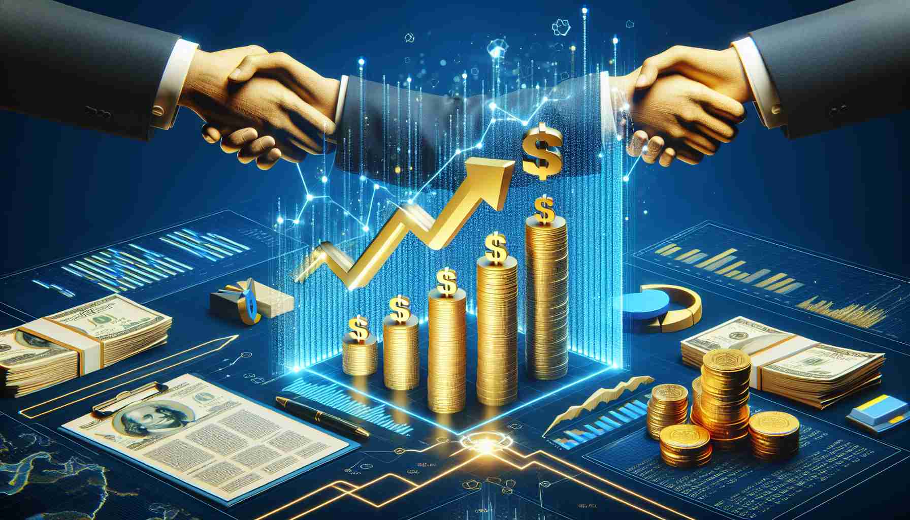 Render a high-definition, realistic illustration of an abstract concept: the recent developments in a tech company, represented by symbolic elements like an ascending or descending graph, earnings reports, and investor emotions illustrated by shaking hands despite a stack of solid gold coins, symbolizing strong earnings.