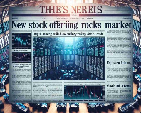 Generate a realistic, high-definition image of the front page of a financial newspaper. The headline should read 'New Stock Offering Rocks the Market: Details Inside'. The image should include related subheadings, charts reflecting the stock's impressive performance, and small excerpts of related news articles, all set against the backdrop of a bustling stock exchange floor.