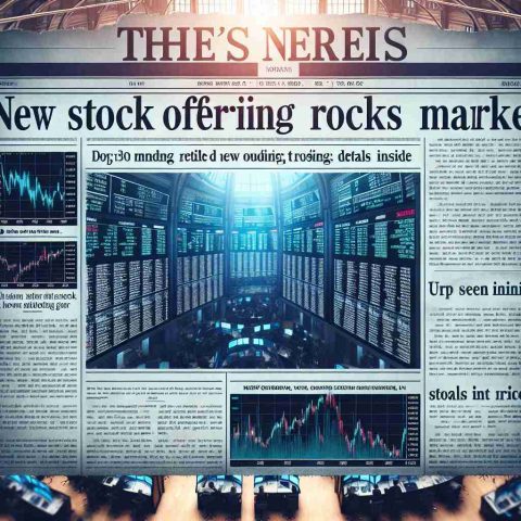 Generate a realistic, high-definition image of the front page of a financial newspaper. The headline should read 'New Stock Offering Rocks the Market: Details Inside'. The image should include related subheadings, charts reflecting the stock's impressive performance, and small excerpts of related news articles, all set against the backdrop of a bustling stock exchange floor.