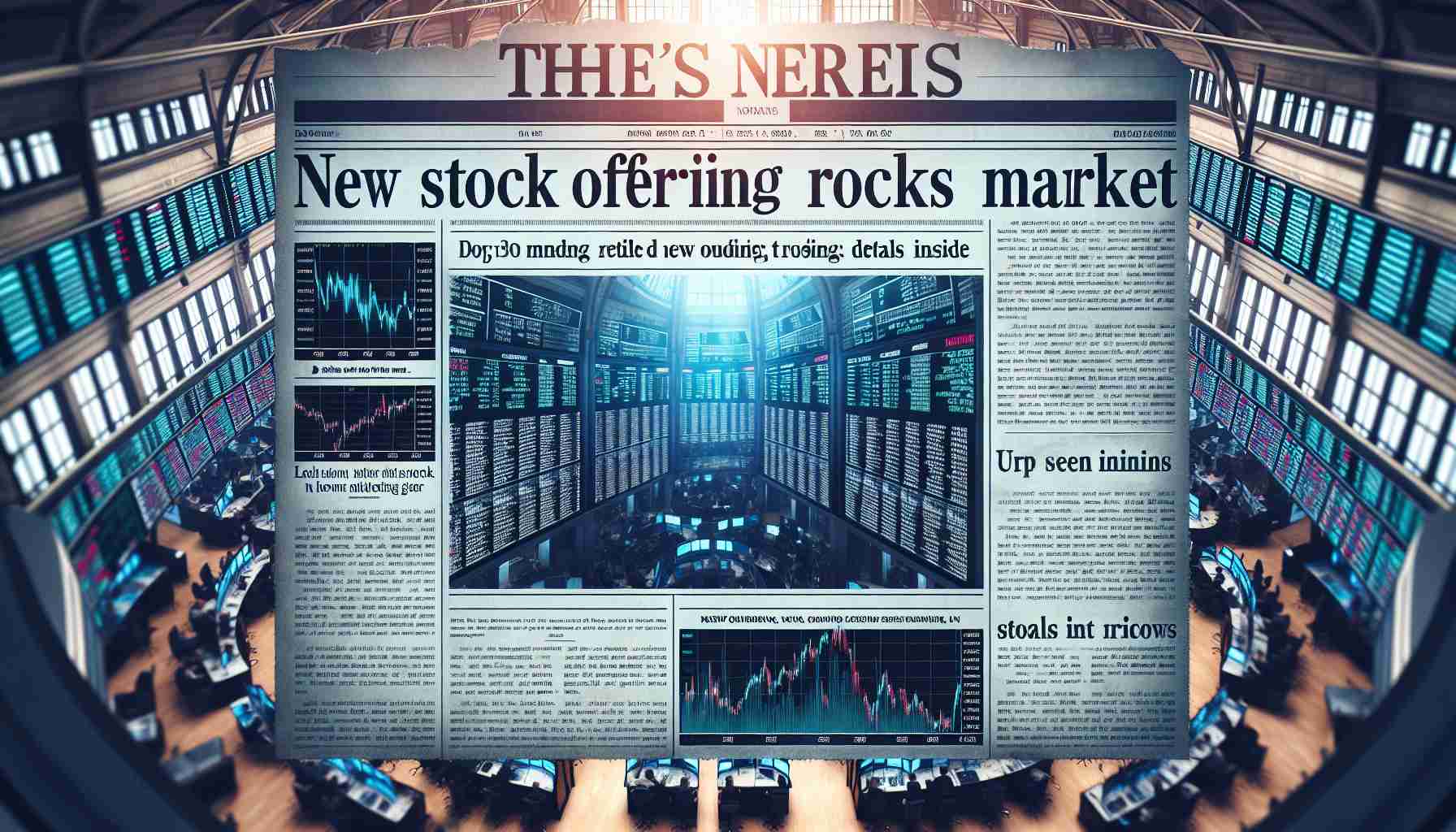 Generate a realistic, high-definition image of the front page of a financial newspaper. The headline should read 'New Stock Offering Rocks the Market: Details Inside'. The image should include related subheadings, charts reflecting the stock's impressive performance, and small excerpts of related news articles, all set against the backdrop of a bustling stock exchange floor.