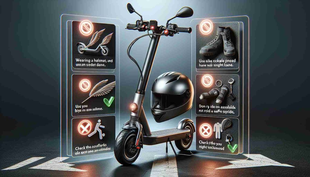 A high definition photo with a realistic style depicting important safety guidelines for electric scooter users. It shows a detailed infographic with illustrations highlighting practices such as wearing a helmet, using bike lanes, not riding on sidewalks, checking the tyre pressure, and maintaining a safe speed. Also includes a checklist of safety gears such as knee and elbow pads, reflective clothing for night rides. In the background, there is a clear image of an electric scooter.