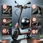 A high definition photo with a realistic style depicting important safety guidelines for electric scooter users. It shows a detailed infographic with illustrations highlighting practices such as wearing a helmet, using bike lanes, not riding on sidewalks, checking the tyre pressure, and maintaining a safe speed. Also includes a checklist of safety gears such as knee and elbow pads, reflective clothing for night rides. In the background, there is a clear image of an electric scooter.