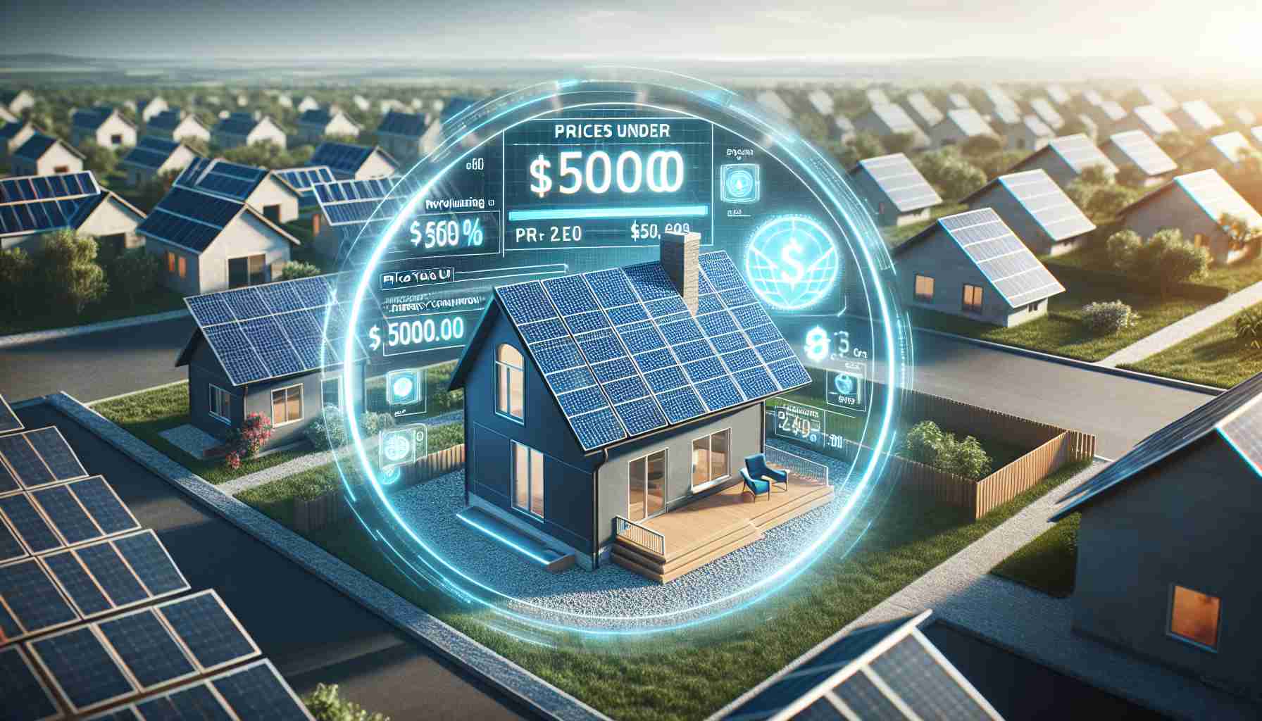 Create a realistic high-definition image representing the concept of 'Revolutionizing Energy Consumption'. The primary focus should be affordable solar panels priced under $5000. The design will show solar panels on the roof of a small suburban household. Display the price tag of less than $5000 clearly to highlight the affordability. Create this under bright daylight with clear blue skies to emphasize solar energy efficiency. Also, supplement this image with a digital UI that illustrates the energy generated by these solar panels, highlighting the power savings they offer.