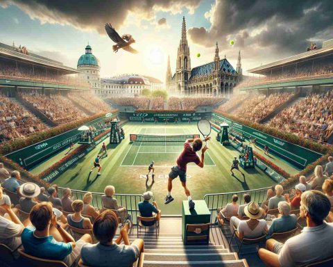 High-definition realistic picture illustrating an unexpected unfolding of events at a tennis tournament in Vienna. Vividly depict the tension and thrill of the game with players on the verge of advancing to the ATP Finals. Show action-packed scenes of the players' dynamic movements, the ball in mid-air, athletes' faces full of focus and determination, the audience holding their breath in anticipation, and the beautiful architecture of the tennis court set against the scenic backdrop of Vienna.