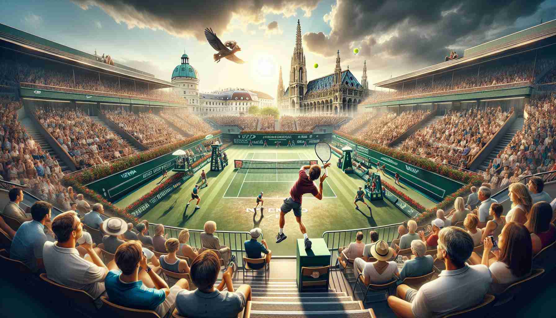 High-definition realistic picture illustrating an unexpected unfolding of events at a tennis tournament in Vienna. Vividly depict the tension and thrill of the game with players on the verge of advancing to the ATP Finals. Show action-packed scenes of the players' dynamic movements, the ball in mid-air, athletes' faces full of focus and determination, the audience holding their breath in anticipation, and the beautiful architecture of the tennis court set against the scenic backdrop of Vienna.