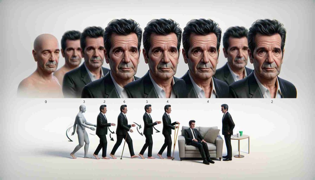 A detailed and realistic high-definition image, depicting the journey of recovery of an influential television personality known for his roles as a talent show judge. He is middle-aged, with distinctive dark hair and an all-black ensemble. This journey includes stages such as resting at home, attending physical therapy sessions, and returning to the television studio once strengthened, all depicted in a seamless series of moments.