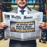 Create a high-definition, realistic image featuring the phrase 'The Surprising Truth About Waffle House's Stock That Investors Need to Know', perhaps as a bold headline on a financial newspaper held up by a middle-aged Hispanic man in a suit. Add a subtle background of a busy stock exchange floor, capturing its hustle and bustle.