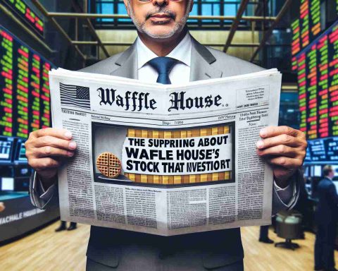 Create a high-definition, realistic image featuring the phrase 'The Surprising Truth About Waffle House's Stock That Investors Need to Know', perhaps as a bold headline on a financial newspaper held up by a middle-aged Hispanic man in a suit. Add a subtle background of a busy stock exchange floor, capturing its hustle and bustle.