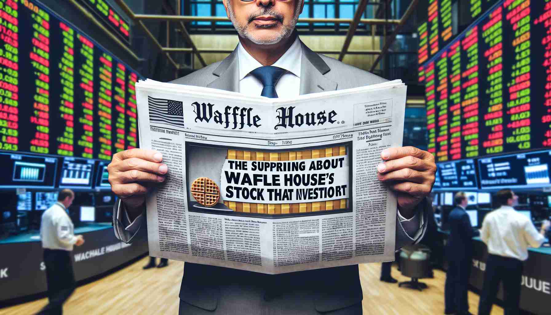 Create a high-definition, realistic image featuring the phrase 'The Surprising Truth About Waffle House's Stock That Investors Need to Know', perhaps as a bold headline on a financial newspaper held up by a middle-aged Hispanic man in a suit. Add a subtle background of a busy stock exchange floor, capturing its hustle and bustle.