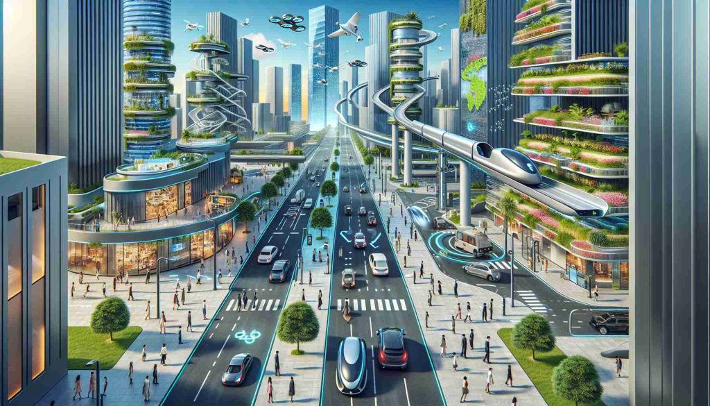 An illustration in High Definition of a modern cityscape showcasing the future of urban mobility. The cityscape includes a variety of innovative modes of transport, such as sleek, eco-friendly electric vehicles weaving through the busy streets, automated drones delivering goods to multi-story buildings, and a hyperloop system efficiently transporting people across the city. Pedestrians of various descents and genders walk on the sidewalks, interacting with digital interfaces for information or navigation. The city's architecture integrates smart technology and green energy solutions, including solar panels and vertical gardens. Particular attention is given to the pleasing aesthetic blending technology and nature.