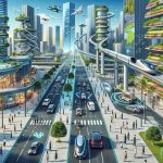 An illustration in High Definition of a modern cityscape showcasing the future of urban mobility. The cityscape includes a variety of innovative modes of transport, such as sleek, eco-friendly electric vehicles weaving through the busy streets, automated drones delivering goods to multi-story buildings, and a hyperloop system efficiently transporting people across the city. Pedestrians of various descents and genders walk on the sidewalks, interacting with digital interfaces for information or navigation. The city's architecture integrates smart technology and green energy solutions, including solar panels and vertical gardens. Particular attention is given to the pleasing aesthetic blending technology and nature.