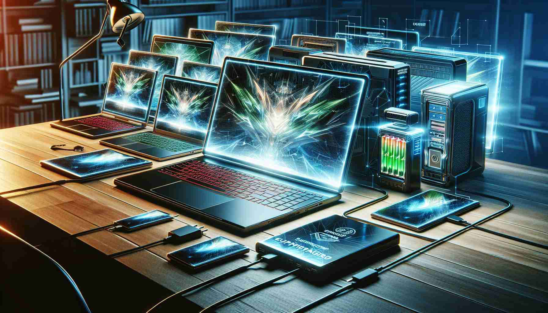 A realistic high-definition image depicting the concept of the rising trend in supercharged workstation laptops with extraordinary battery life. Showcase a diverse variety of these high-powered laptops, with key features like robust design and powerful processors prominently represented. These laptops should be plugged into various chargers, indicating their extended battery life. Highlight the laptops on a work desk with illuminating screens that suggest efficiency and productivity, all in a vibrant office environment.