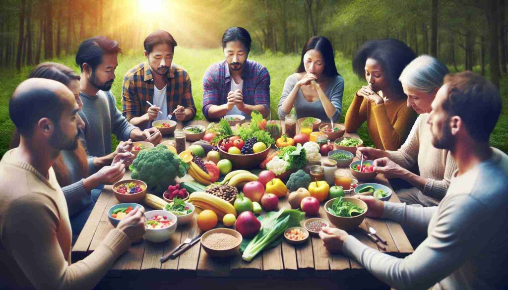 Create a realistic HD image that represents the benefits of mindful eating for improved well-being. The image should include a multi-racial group of people engaging in mindful eating activities. They could be seated around a table laden with colorful, healthy food options such as fruits, vegetables, whole grains, and lean proteins. The atmosphere should be peaceful and serene, emulating tranquillity. In their expressions and posture, communicate the concentration, enjoyment, and satisfaction associated with mindful eating. Background could be nature-inspired, further contributing to the theme of well-being.