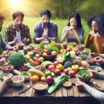 Create a realistic HD image that represents the benefits of mindful eating for improved well-being. The image should include a multi-racial group of people engaging in mindful eating activities. They could be seated around a table laden with colorful, healthy food options such as fruits, vegetables, whole grains, and lean proteins. The atmosphere should be peaceful and serene, emulating tranquillity. In their expressions and posture, communicate the concentration, enjoyment, and satisfaction associated with mindful eating. Background could be nature-inspired, further contributing to the theme of well-being.